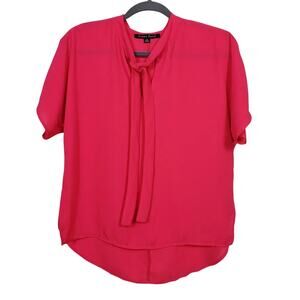 Sweet Rain Blouse Hot Pink V Neck Tie Front Short Sleeve Women Size M High Low